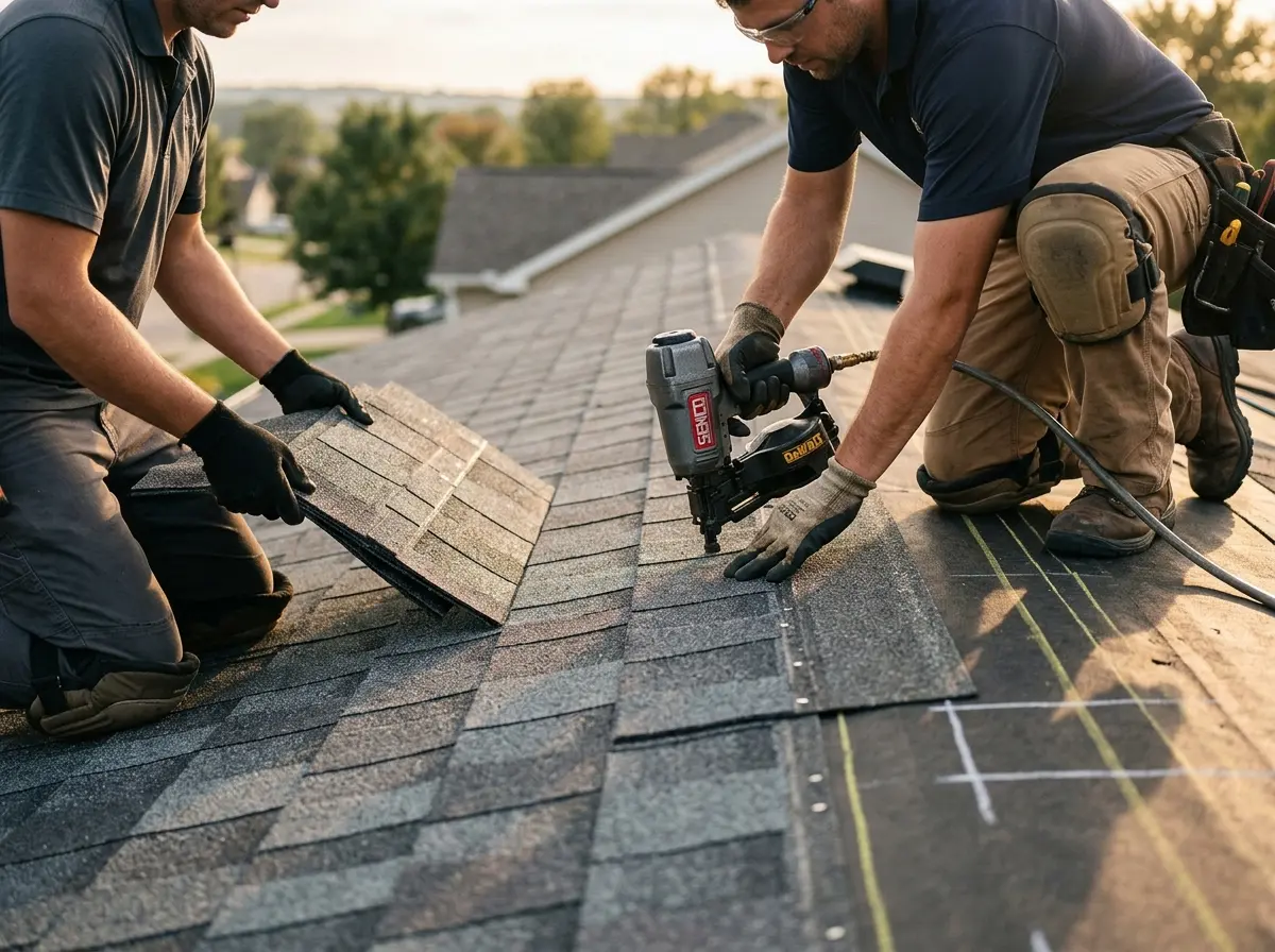 Professional roofer working on a residential roof in Orangevale